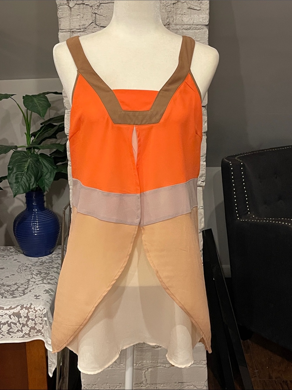 Blu Pepper Orange and Tan Colorblock V-Neck Layered dress